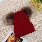 Wholesale custom kids fur double pom pom hat kid beanie