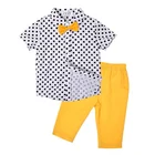 Wholesale 100 cotton yellow bow-knot wave point baby kids clothing sets boys