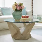 Contemporary European Funiture Delicate Durable Round Glass Top Wood Base Luxury Antique Coffee Table
