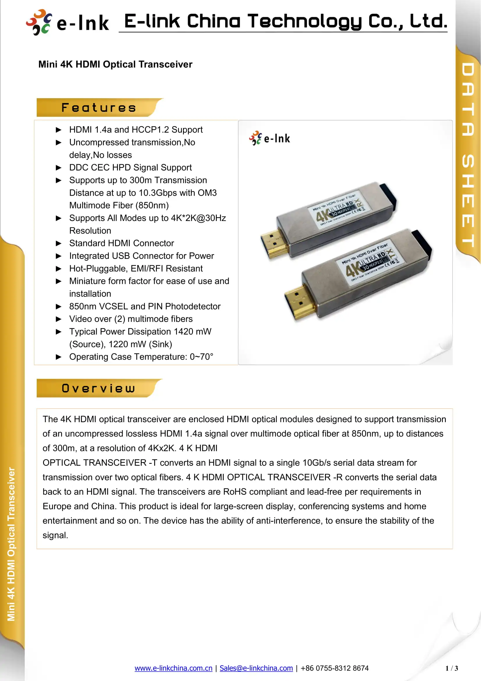 E-link MINI 4K HD-MI Fiber Optic Extender Transfers 300m (1000piedi) Multimode 2LC Dual Fiber Transceiver