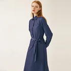 Long maxi dress high quality dark blue long sleeve belt calf length casual women dress