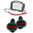 Wholesale Fashion Soft Flat Real Fox Fur Slides Slippers And Cross-body Jelly Bag Matching Set For Women