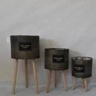 Flower Pots Set Of 3 Handwoven Basket Flower Pots Green Plants Stands With Solid Wood Legs