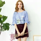 New blue and white loose striped blouse print pullover lantern sleeves women shirts