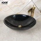 Glossy Black Marble Natural Stone Round Sinks Bathroom Above Counter basins