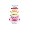 Decaled printing glass bowl sets of 5pcs with colored plastic lid