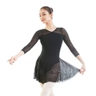 Wholesale 2019 New Design Women Long Sleeve Lace Mesh Stitshing V-Neck Ballet Dance Dress For Adults