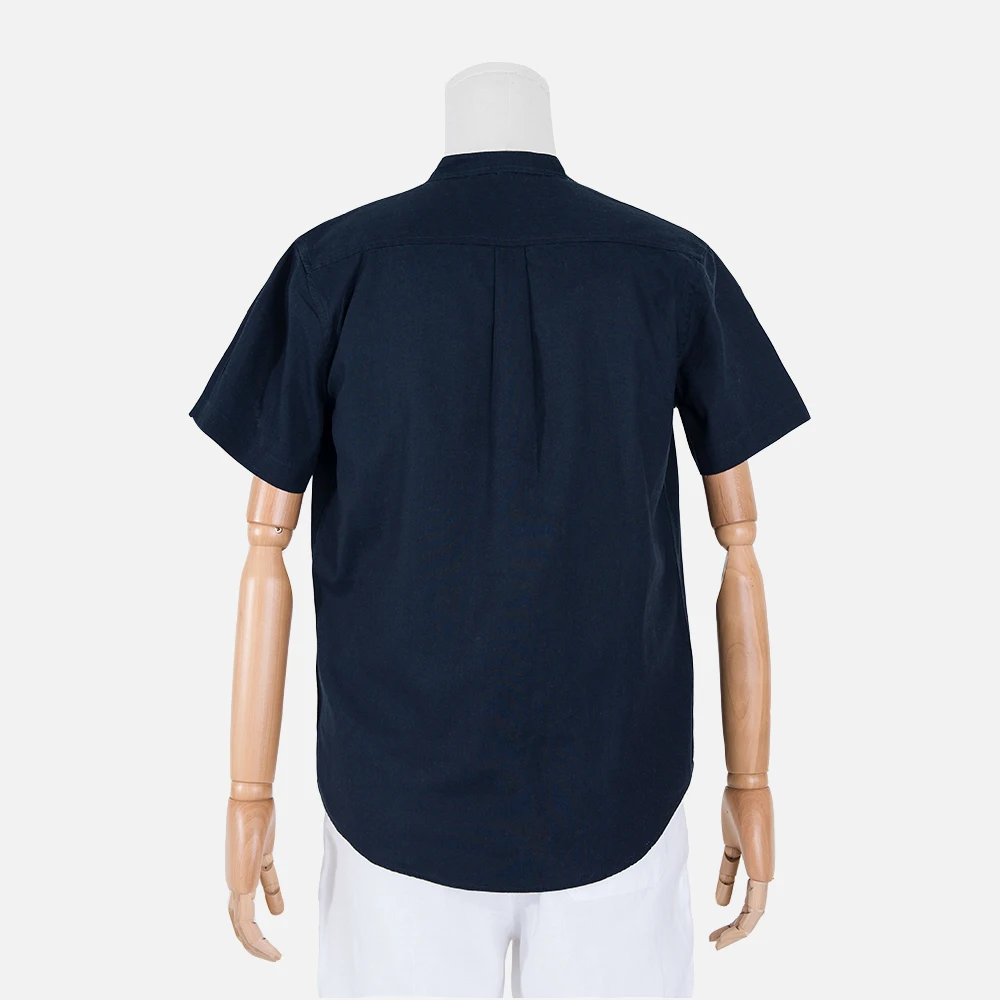 wholesale linen men collar shirt navy blue 52% linen 48% cotton