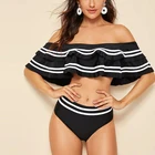 2019 Women Two Piece Ruffled Swimsuit Plain Off-Shoulder Striped White Black Bikini Girl Sexy