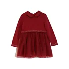 Wholesale Autumn/winter Baby Girls Long sleeveless Princess Cotton wine red mesh stitching dress for daywear