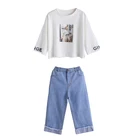 kids spring fall casual print long sleeve top+jeans suit girls cloth sets