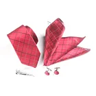 Classic plaid pattern red satin background with small check men's silk wedding tie pocket square set
