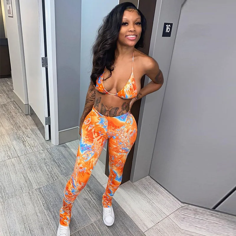 Casual Fashion Snake Printing Trousers Women Two Piece Set Pants Bikini Top 2020