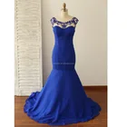 Backless Royal Blue Beaded Chiffon Mermaid Prom Dress