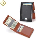 OEM bronzing embossed custom logo top grain genuine leather money clip billfold rfid slim wallet