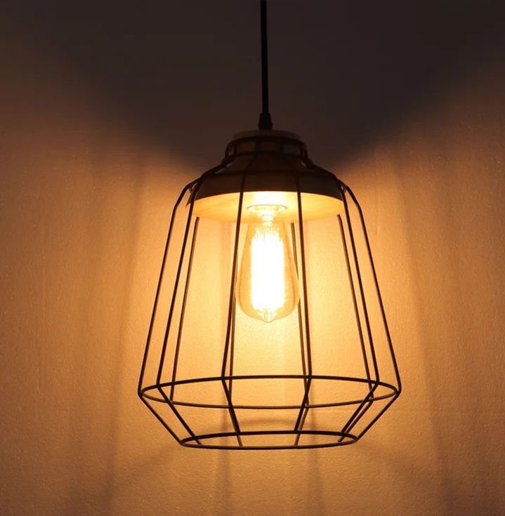 Artdecolite Industrial Loft Geometric Black Metal Cage Single Light Wood Art Pendant Light