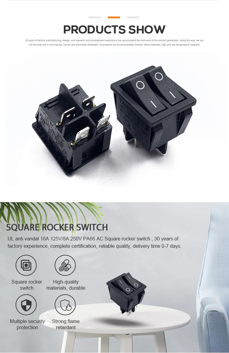 JEC JS-628FAA-0-BBB-3 16A 125V/8A 250V Without Lighted Double Pole Square Rocker Switch 4Pins