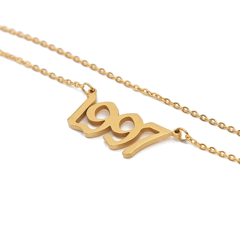 stainless steel gold old english necklace birth year 1990-2000 old english letters numeral year necklaces wholesale
