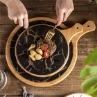 Fancy dinnerware restaurant black marble round wooden porcelain steak plates with handle