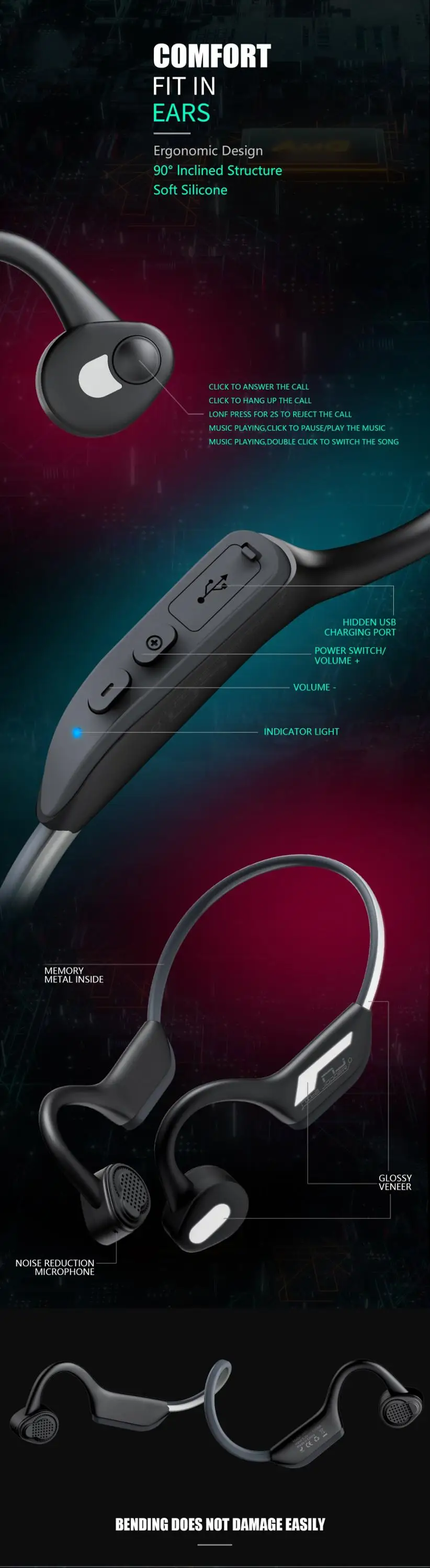 New Mobile Phone Earphone Night Jogger Bone Conduction Wireless Headphone With Reflective Light - ANKUX.COM