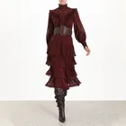 A3278 New Arrived Maroon High Neck Pleated Lace Chiffon Dress Ruffle Sleeveless Bodycon Office Dress Wholesale