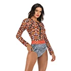 Low collar zipper swimwear bikini long sleeve vintage swimsuit leopard print one piece wrap bikini orange top