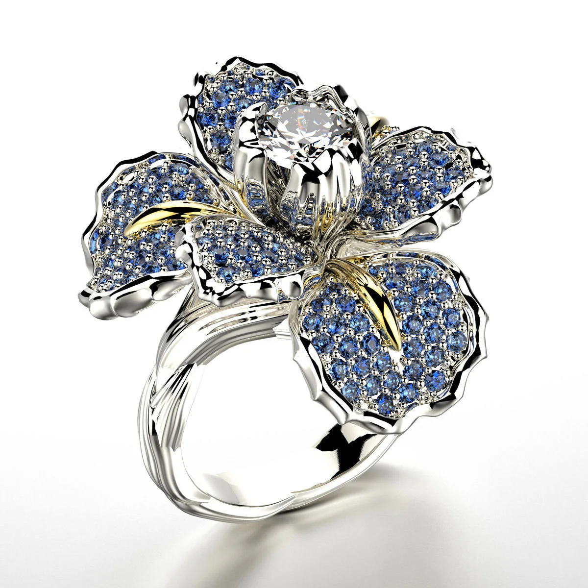 blue crystal blooming flowers ring cz zircon stone engagement