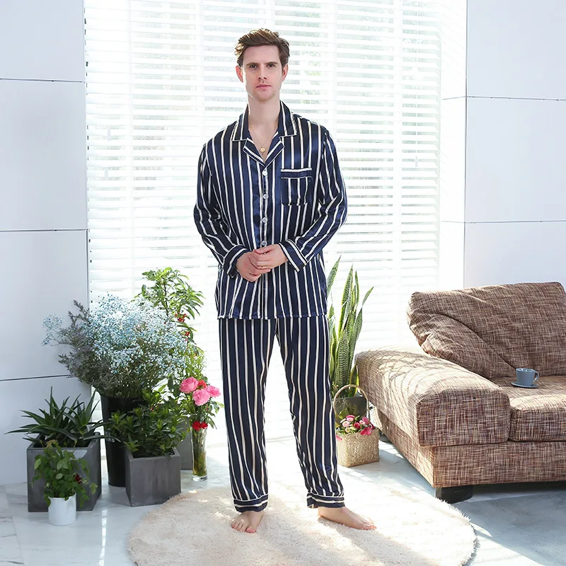 Fall Men'S Striped Silk Pajamas Men'S Long-Sleeved Printed Silk Sleepwear Thin Home Wear Pijamas Suit