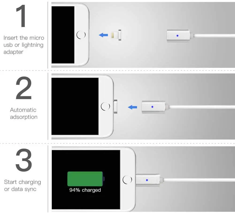 2 in 1 Magnetic USB Cable 3.3ft Lighting and Micro USB Braided Charging Sync Cord for Android and Apple Devices (Silver) - ANKUX.COM