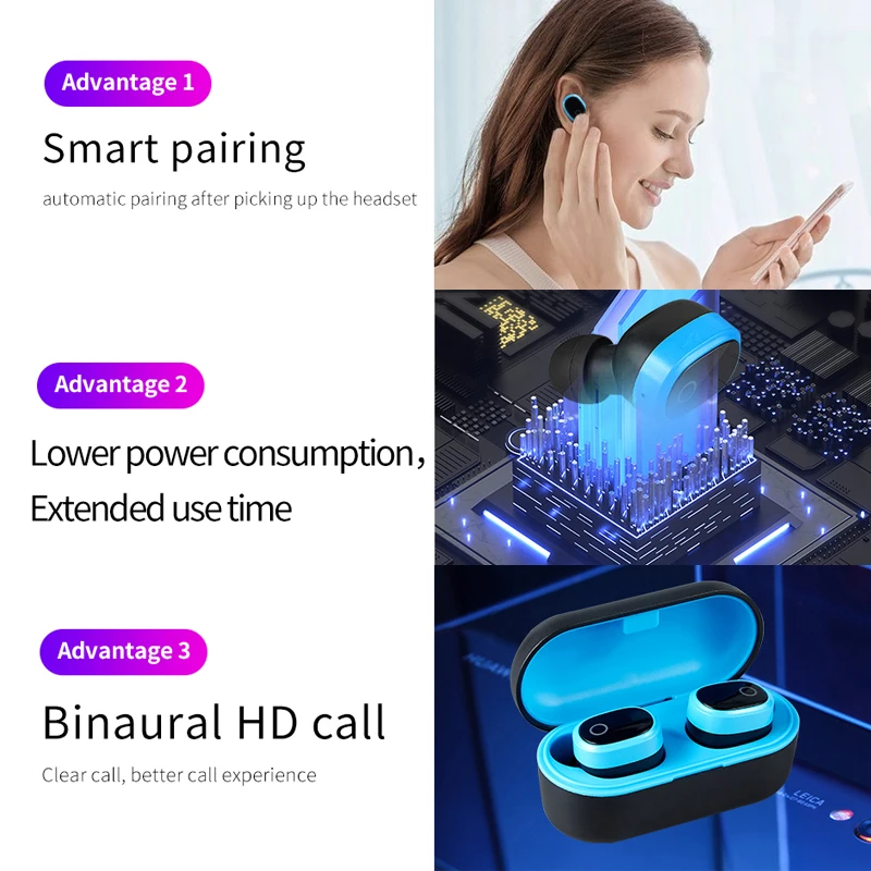 A9 Wireless Bluetooth 5.0 Stereo Headset In-Ear Earphone With Charging Bin Red Blue Black Bluetooth headset in ear fashion - ANKUX.COM