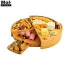Hot sales round bamboo cheese serving board with slid drawer and 3pcs knife set