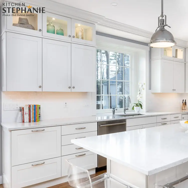 America style assembled white kitchen cabinets design, classic wood cabinets kitchen