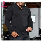 Custom Oem Bulk Cotton Long Sleeves Mens Fitness Plain Collar Round Neck With 4 Button Men's Sports T shirt