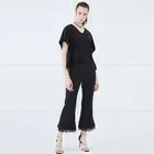 Wholesale Clothes Bat Sleeve Shoulder Stitching Beaded Black Blouse Women