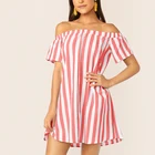 Good Sales Clothes Summer Women Off Shoulder Striped Short Sleeve Casual Cotton Dress