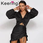 Women satin deep V neck long sleeve rushed badycon short summer dress casual mini dress
