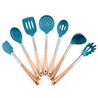 2019 new products blue red colour 7 pieces wooden handle silicone kitchen utensils cooking silicone utensil set