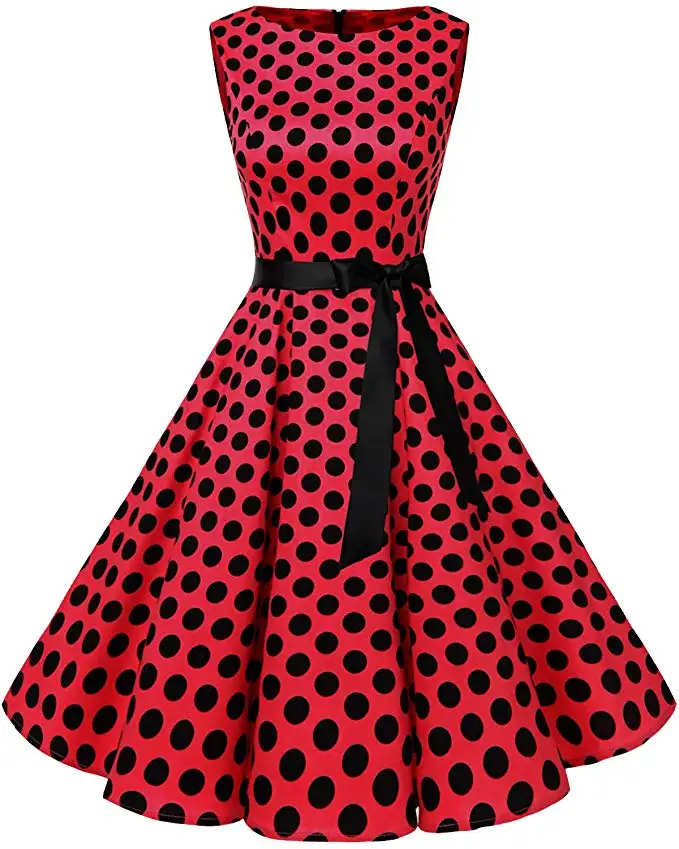 كامل البولكا نقطة مطبوعة ريترو 1950s امرأة فستان حفلة موسيقية غير رسمية فساتين بلا أكمام الأسود والأحمر