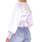 Satin Blouses Women Satin Shirts Smooth Texture Button Ruched Waist Long Sleeves Deep V Neck Women Satin Blouses