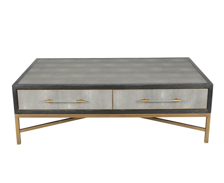 Contemporary gold metal faux shagreen leather coffee table