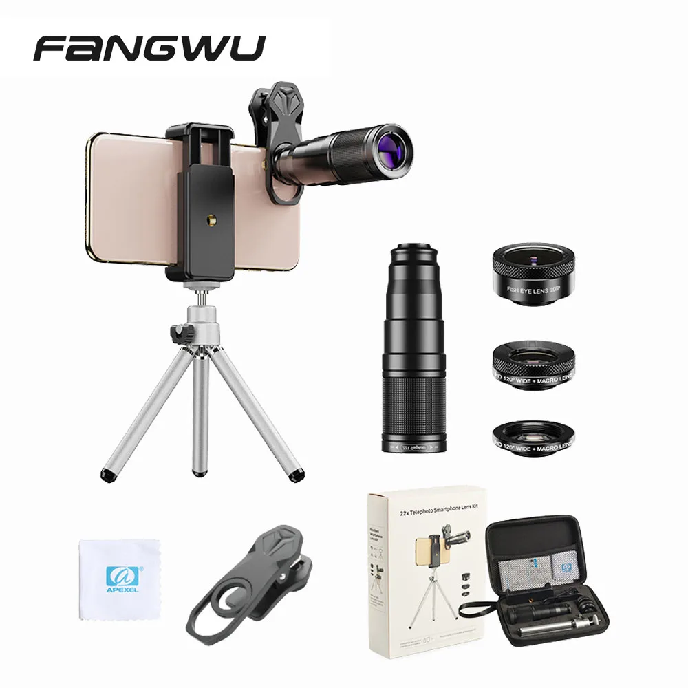 Apexel 22X Zoom Telephoto-Fisheye-Wide Angle+Macro Lens For Mobile Phone with Tripod