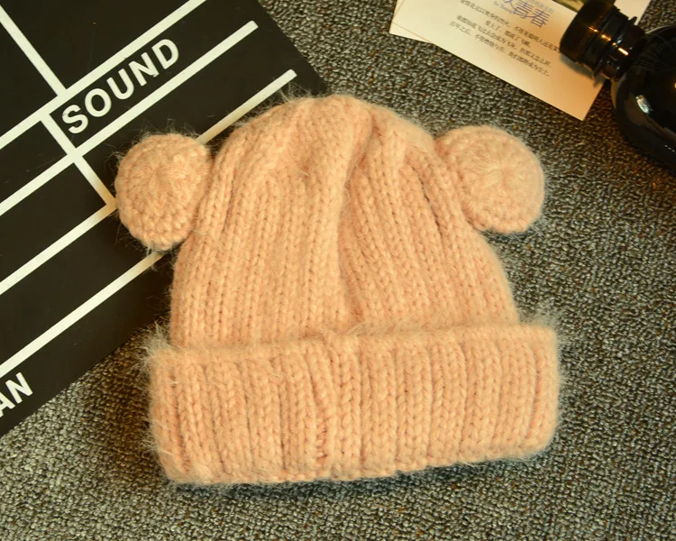 Wool Yarn Skullies Beanie Knitted Hat Cap Earmuffs Kids Winter Hat Lovely Cat Ears Baby Hat EA048
