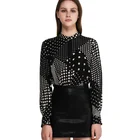Women Blouse Mandarin Collar Long Sleeve Black Dot Print Women's Tops Shirt Blouse