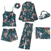 Free shipping flower printing 7pcs/set satin pajamas for women/girls cute silk satin pj set wholesale silk nighty wear