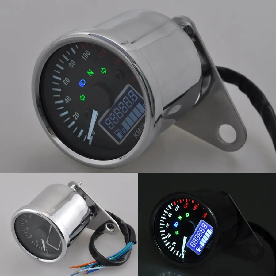 New Universal 0~160KM/H Motorcycle Digital LED LCD Speedometer Tachometer Speed Gauge Retro Chrome Factory Direct Sales