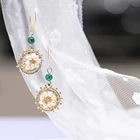 2020 Wholesale New Fashion Design Round Wheel Pave Crystal Green Bead Women Girls Pendant Jewelry Gold Pearl Earrings