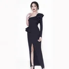 Hot Selling In-stock Sexy One-shoulder Black Ruffle Neck High Slit Long Sleeve Party Evening Women Dress