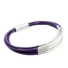 Purple leather bracelet leather bangle with silver tubes and magnetic clasps