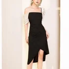 New Design Ladies Slim Small Black Long Dress Asymmetrical Patchwork Off-shoulder Midi Dress