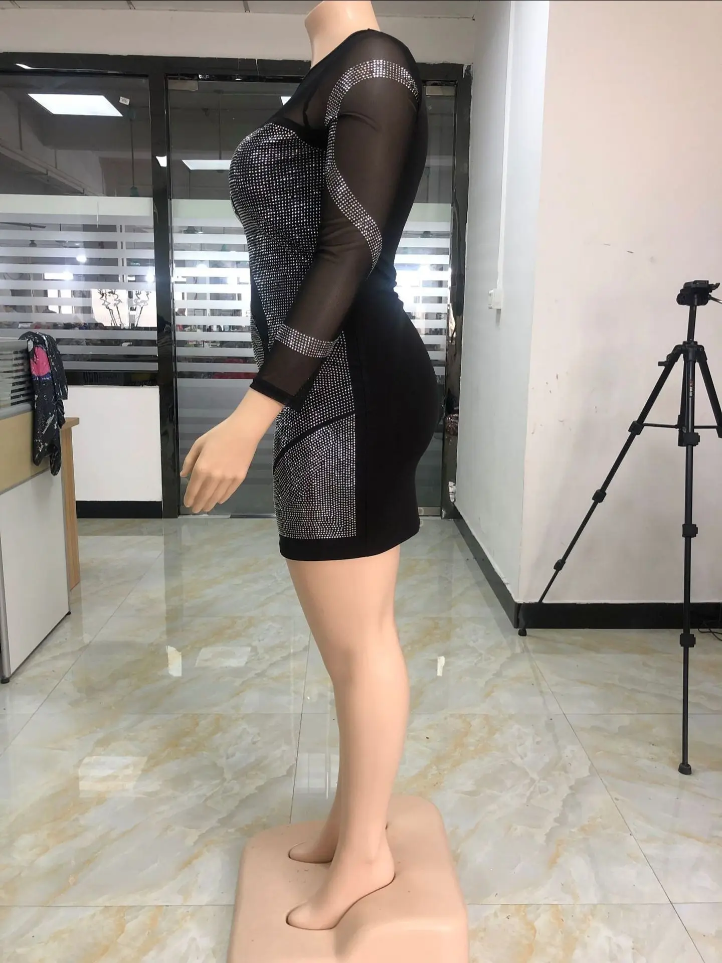 Women brookle formal sequin lights dress all over silver hue high round neck fitted long sleeves mini length party Plus Size